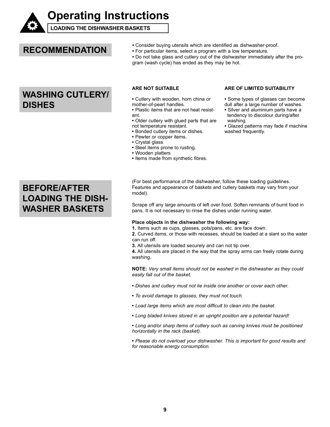 Danby DDW611WLED Recommendation, WASHING CUTLERY/ Dishes, Before/After Loading The Dish- Washer Baskets, Are Not Suitable 